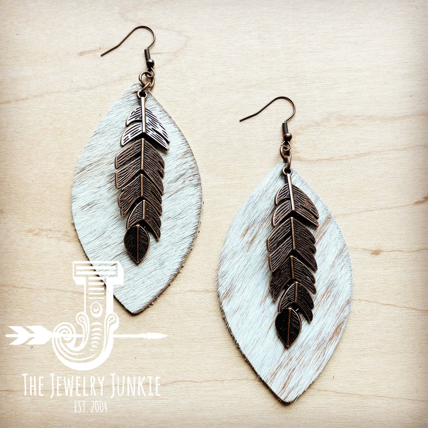 Leather Oval Earrings Spotted Hide & Copper Feather