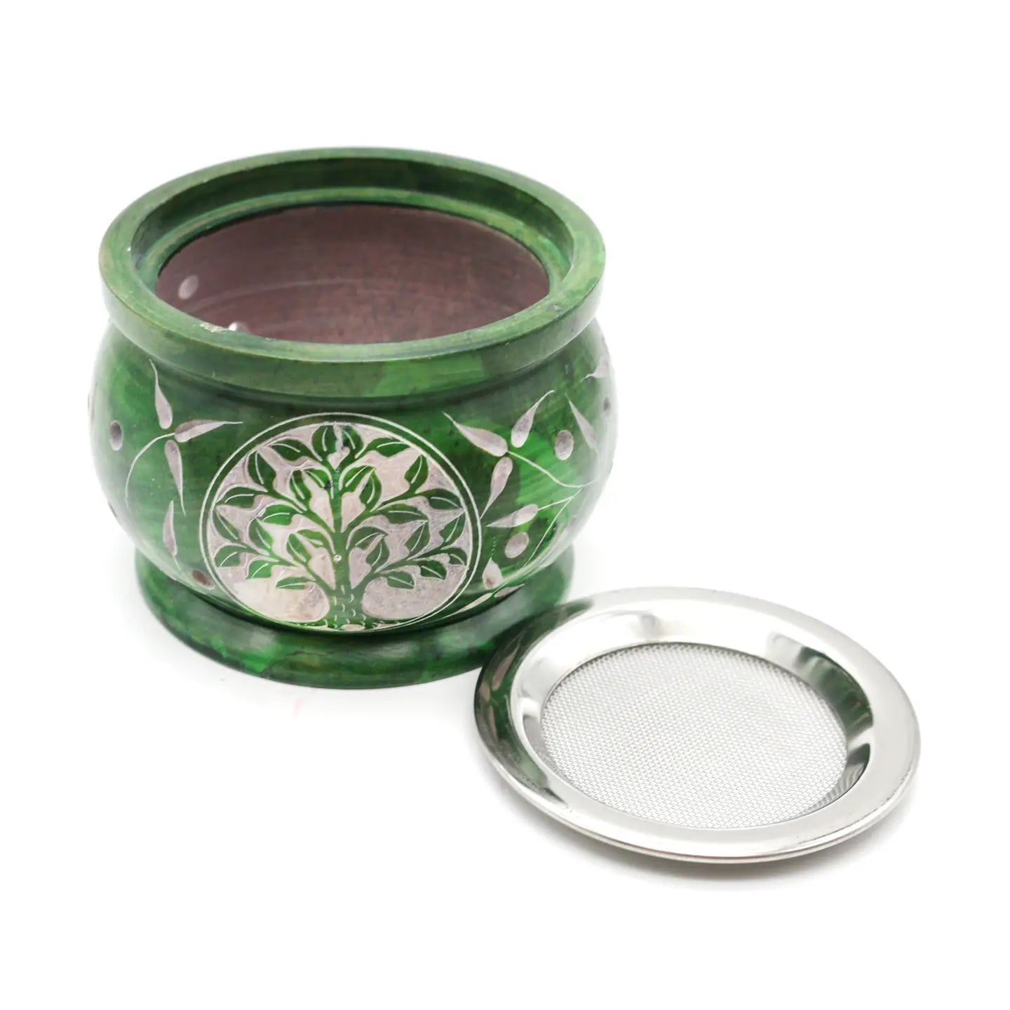 Hand Carved Green Tree of Life soapstone charcoal burner
