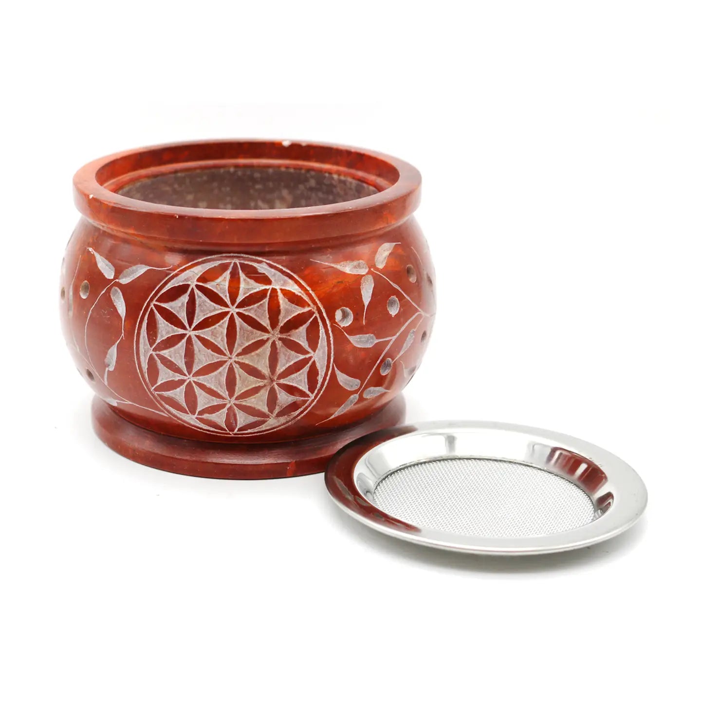 Hand Carved Orange Flower of Life soapstone charcoal burner
