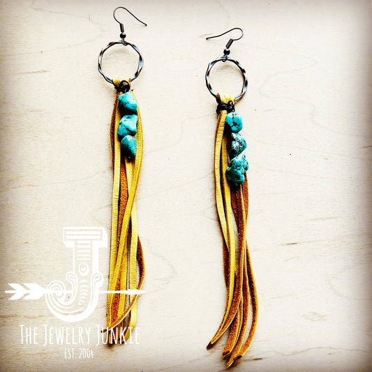 Leather Fringe Earrings with Turquoise Chunks (Mustard)