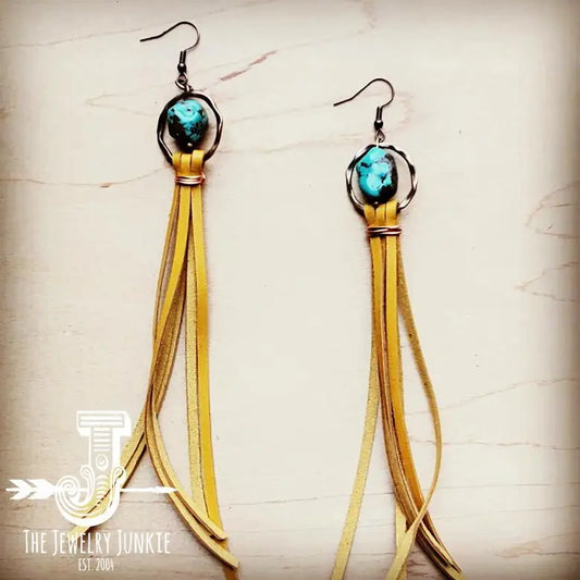 Jewelry Junkie Turquoise Drop Earrings with Leather Tassel-Mustard