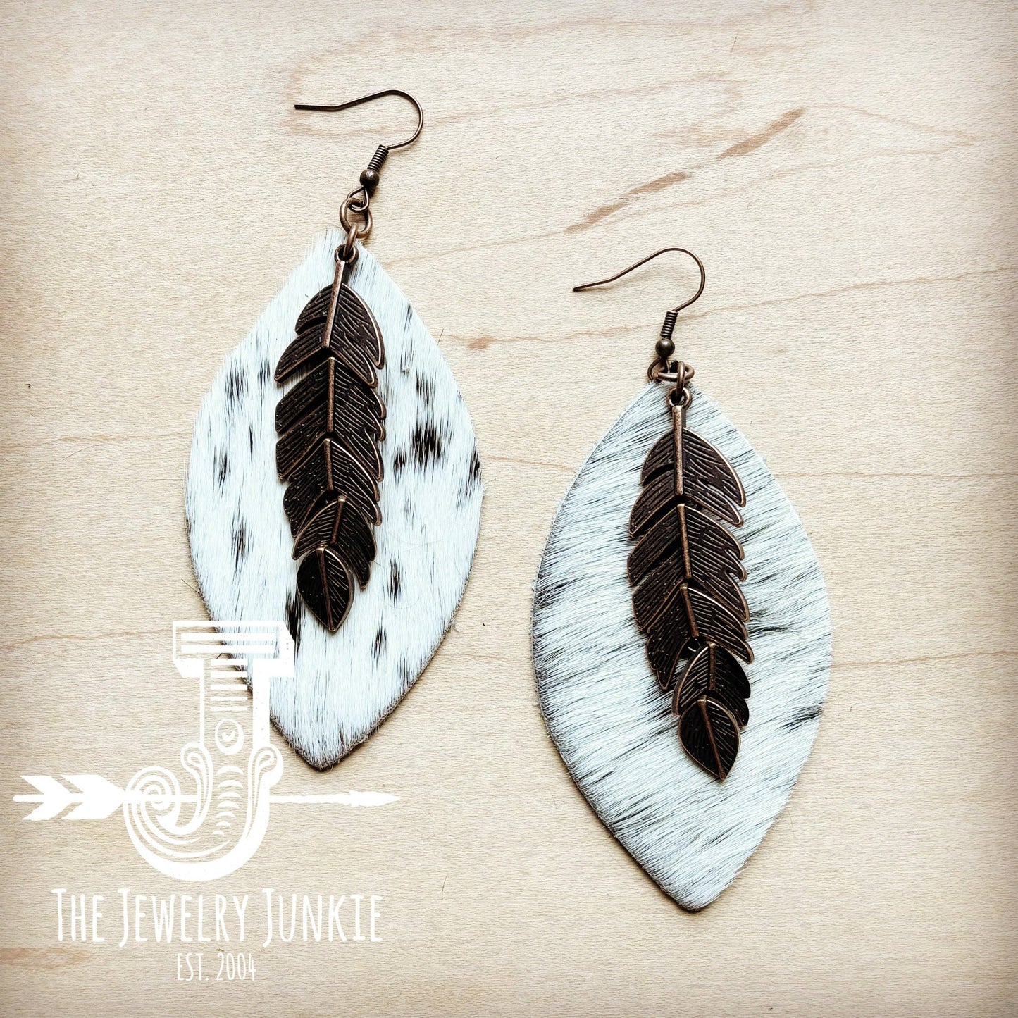 Leather Oval Earrings Spotted Hide & Copper Feather