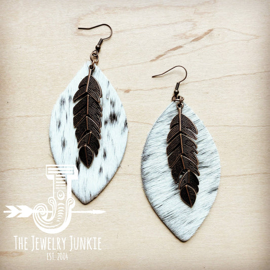 Leather Oval Earrings Spotted Hide & Copper Feather