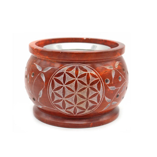 Hand Carved Orange Flower of Life soapstone charcoal burner