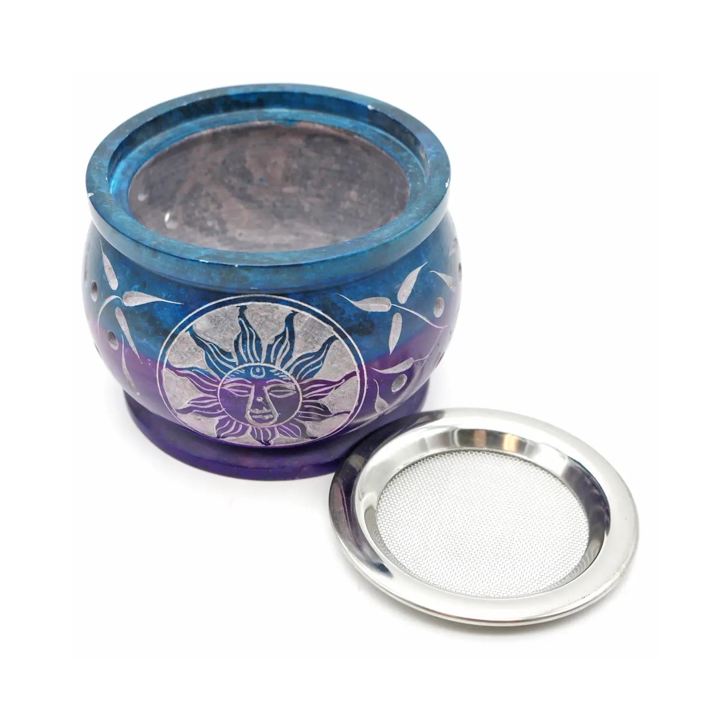 Hand Carved Turquoise/Purple Sunshine soapstone charcoal burner